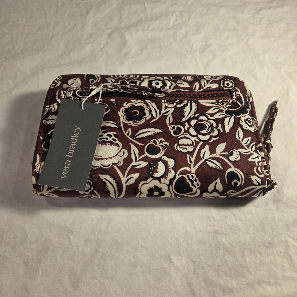 NEW Vera Bradley Large Tab Wallet Bubbly Flowers Cinnamon, Brown Black Ivory